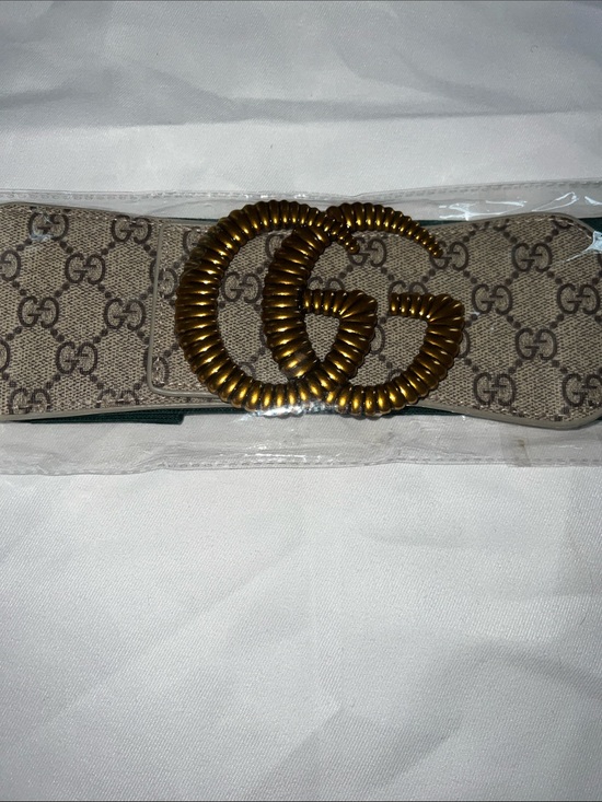 None Accessories - Marmont Beige Monogram Logo Belt with Gold Buckle